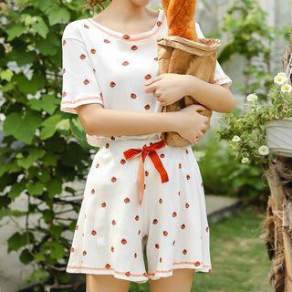 Loungewear Set: Short-sleeve Strawberry Print Top + Shorts