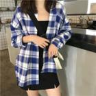 Check Long-sleeve Loose-fit Shirt Blue - One Size