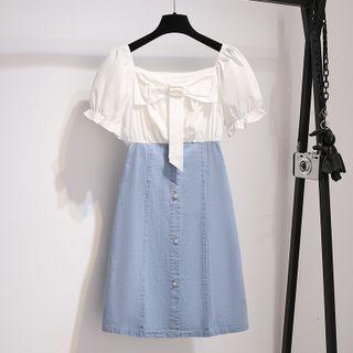 Mock Two-piece Puff-sleeve Paneled Denim Dress