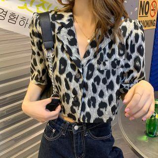 Short-sleeve Leopard Print Crop Shirt Leopard - Black & Gray - One Size