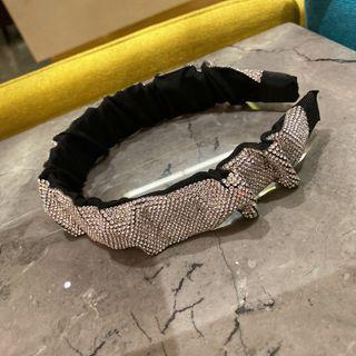 Rhinestone Shirred Fabric Headband White & Black - One Size