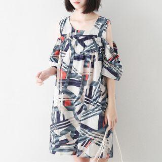 Printed Shoulder-cutout Elbow-sleeve Shift Dress