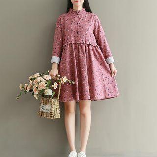 Stand Collar Frilled Patterned A-line Dress