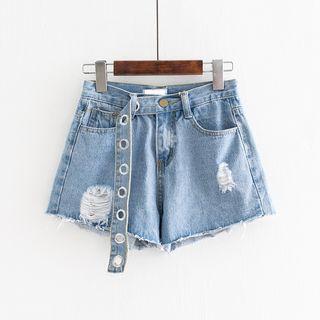 Belt-waist Ripped Denim Shorts