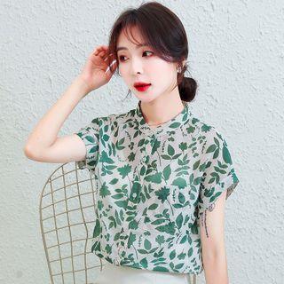 Short-sleeve Leaf Print Stand Collar Chiffon Shirt