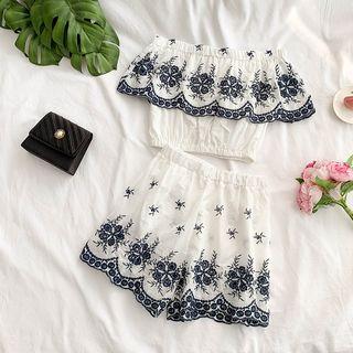 Set: Off-shoulder Embroidered Cropped Top + Wide Leg Shorts