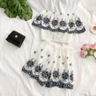Set: Off-shoulder Embroidered Cropped Top + Wide Leg Shorts