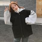 Mock Two-piece Faux Shearling Zip Hooded Jacket