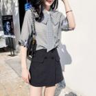 Elbow-sleeve Floral Embroidered Tie-neck Checked Blouse