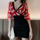 Flare-sleeve Print Panel Mini Dress