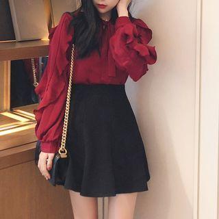 Ruffle Trim Tie-neck Blouse / Mini A-line Skirt
