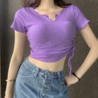 Short-sleeve Drawcord Cropped Knit Top