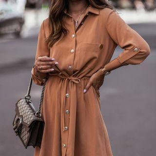 Long-sleeve Collar Drawstring Mini Shirt Dress