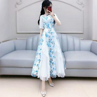 Flower Embroidered Short-sleeve Maxi A-line Dress Without Belt - Blue & White - S