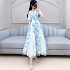 Flower Embroidered Short-sleeve Maxi A-line Dress Without Belt - Blue & White - S