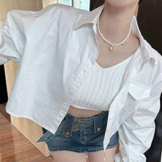 Ribbed Crop Knit Tank Top / Puff-sleeve Shirt