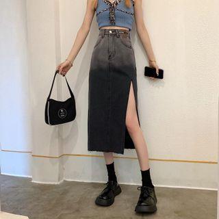 High Waist Gradient Slit Denim Skirt