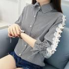 Lace Panel Striped 3/4-sleeve Blouse