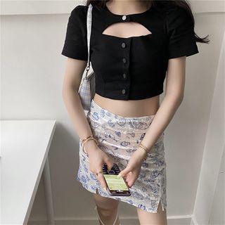 Short Sleeve Cutout Velvet Cropped Top