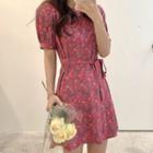 Short-sleeve Floral A-line Dress Red - One Size