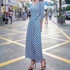 Patterned Elbow-sleeve Maxi Wrap Dress