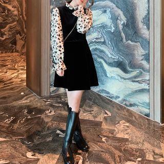 Long-sleeve Printed Velvet Dress