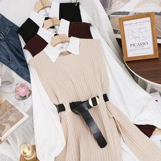 Set: Long-sleeve Plain Blouse + Slit Sweater Vest