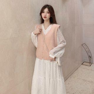 Long-sleeve Plain Dress / V-neck Loose-fit Vest