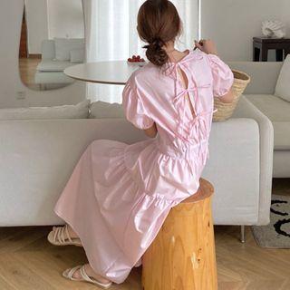 Puff-sleeve Tie-back Plain Dress
