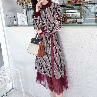 Long-sleeve Patterned Mesh Panel Midi A-line Dress