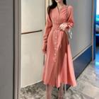 V-neck Button Long-sleeve Midi A-line Dress