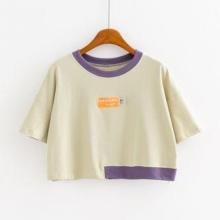 Elbow-sleeve Cropped Applique Top