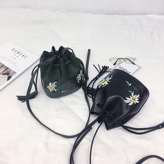 Faux-leather Embroidered Bucket Bag