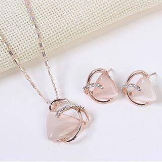 Set : Rhinestone Triangle Cat Eye Stone Pendant Necklace + Earring Mauve - One Size