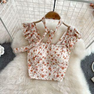 Floral Print Ruffle Trim Crop Tank Top