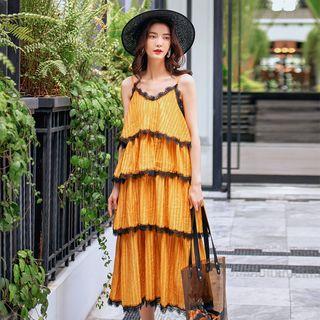 Lace Trim Midi Spaghetti Strap Tiered Dress