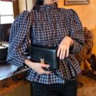 Stand-collar Plaid Blouse Black & White - One Size