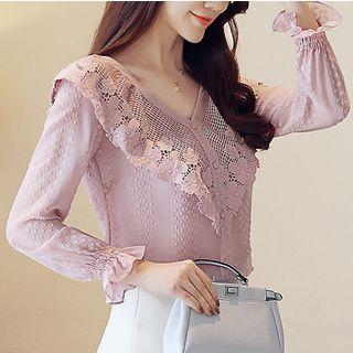 V-neck Lace Panel Chiffon Long-sleeve Blouse