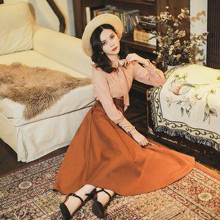 Set: Bow Neck Blouse + Midi A-line Skirt