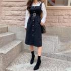Set: Shirt + Buttoned Belted Pinafore Dress Dress - Black - One Size / Blouse - Ivory - One Size