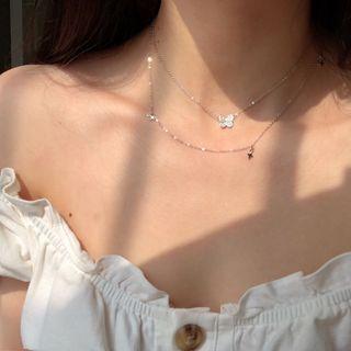 925 Sterling Silver Rhinestone Butterfly Layered Necklace