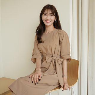Pleated Slit-cuff Midi Dress With Sash