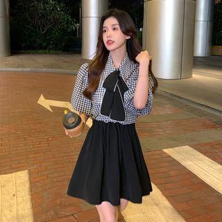 Short-sleeve Houndstooth Blouse / Bow / Skirt / Set