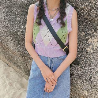 Argyle Print Knit Vest Purple - One Size