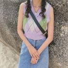 Argyle Print Knit Vest Purple - One Size