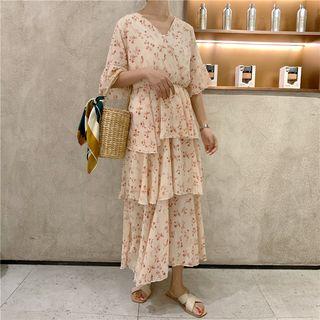 Floral Elbow-sleeve Tiered Midi Dress