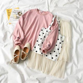 Lettering Pullover / Tiered Midi Mesh Skirt