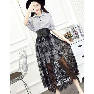 Set: Plain Elbow Sleeve Shirt Dress + Midi Lace Skirt