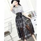 Set: Plain Elbow Sleeve Shirt Dress + Midi Lace Skirt
