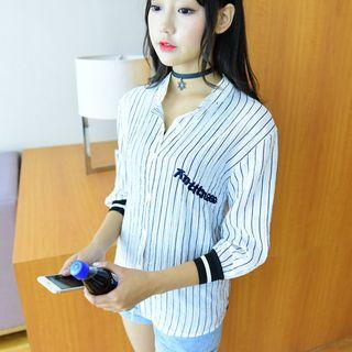 Pinstripe Stand-collar Long-sleeve Blouse